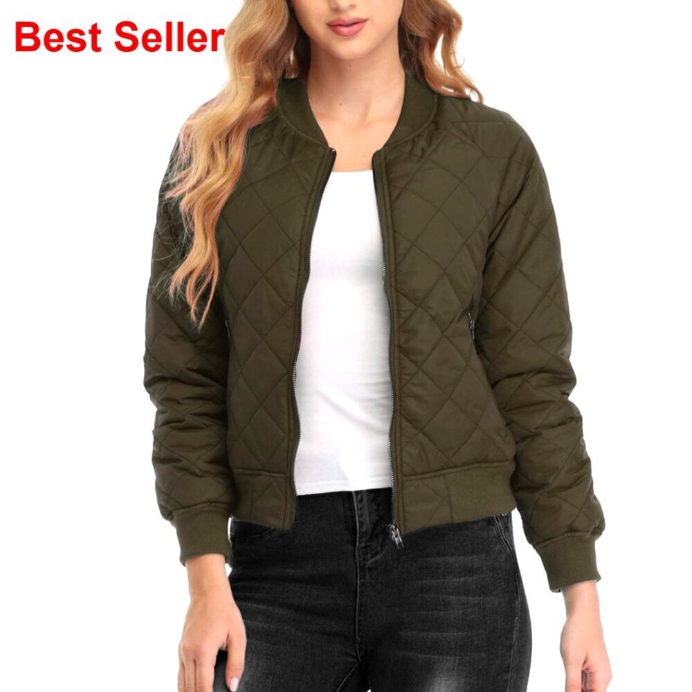 Quilted Bomber Jacket Lightweight Zip Up with Pockets